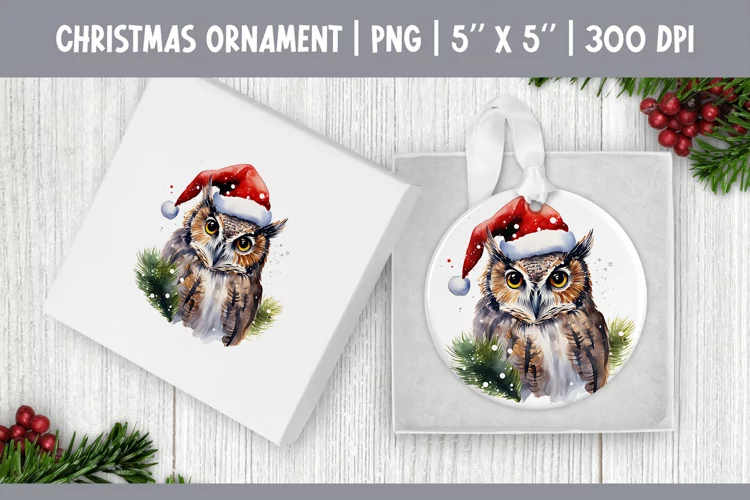Watercolor Christmas Owl Ornament Sublimation Design PNG