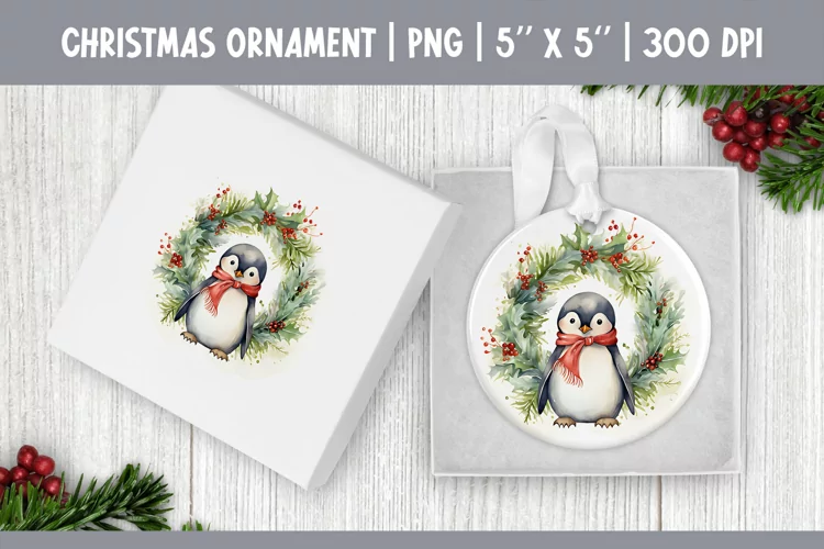 Watercolor Christmas Penguin Ornament Sublimation Design PNG