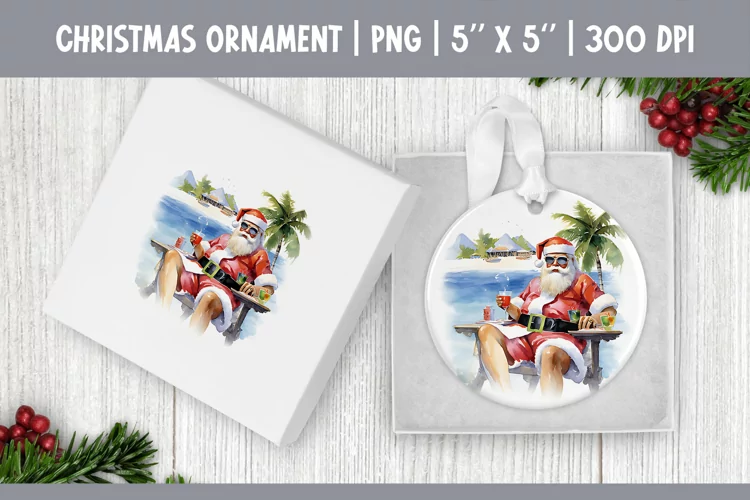 Watercolor Christmas Santa Ornament Sublimation Design PNG
