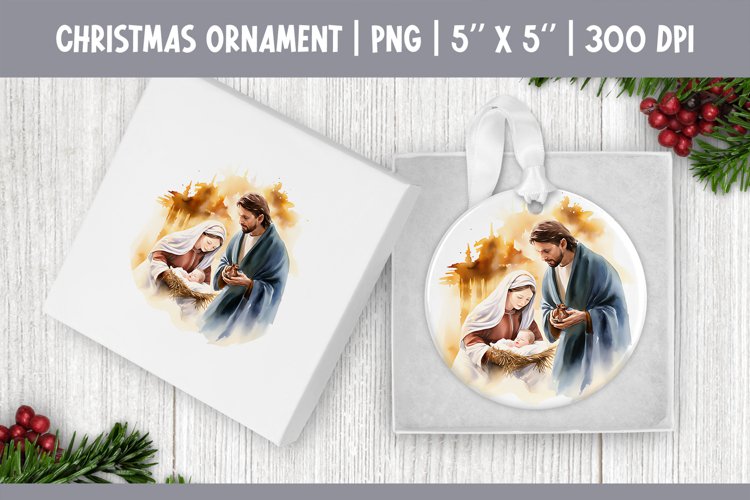 Watercolor Christmas Ornament Sublimation Design Jesus Birth