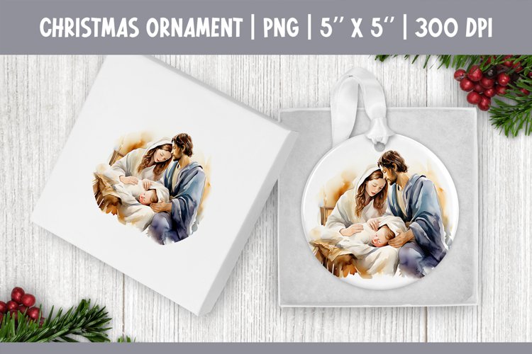 Watercolor Christmas Ornament Sublimation Design Jesus Birth