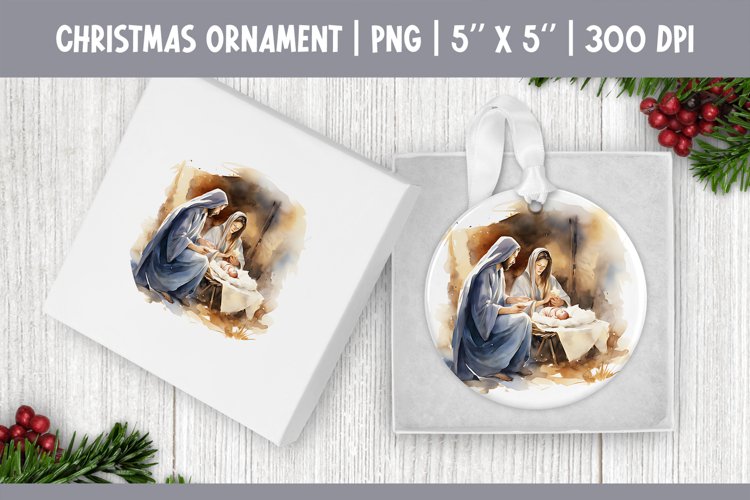 Watercolor Christmas Ornament Sublimation Design Jesus Birth example image 1