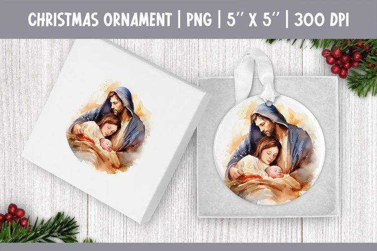 Watercolor Christmas Ornament Sublimation Design Jesus Birth