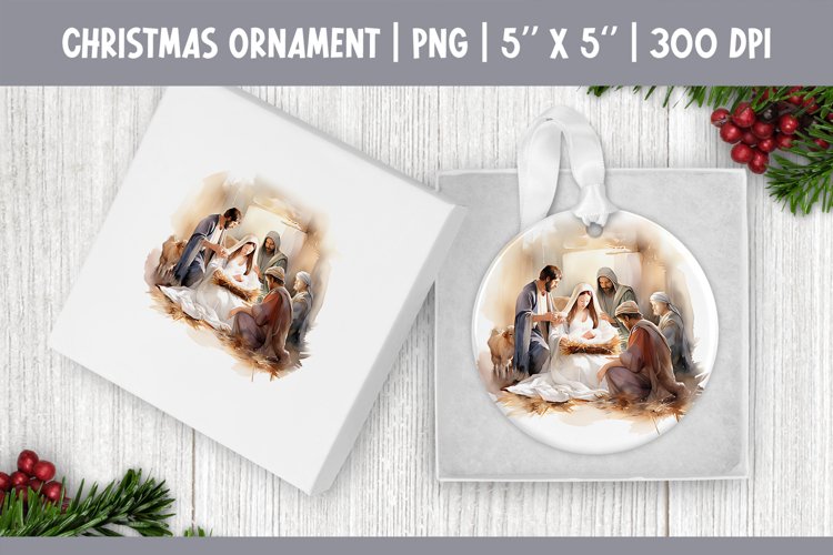 Watercolor Christmas Ornament Sublimation Design Jesus Birth