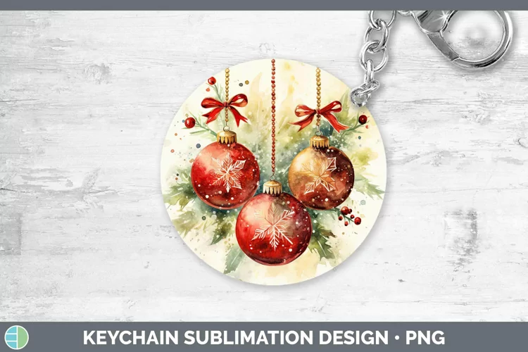 Watercolor Christmas Ornaments Keychain Sublimation Keyring