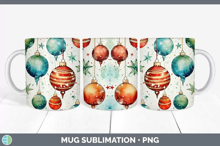 Watercolor Christmas Ornaments Mug Wrap Sublimation Coffee C