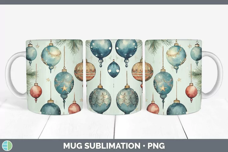 Watercolor Christmas Ornaments Mug Wrap Sublimation Coffee C