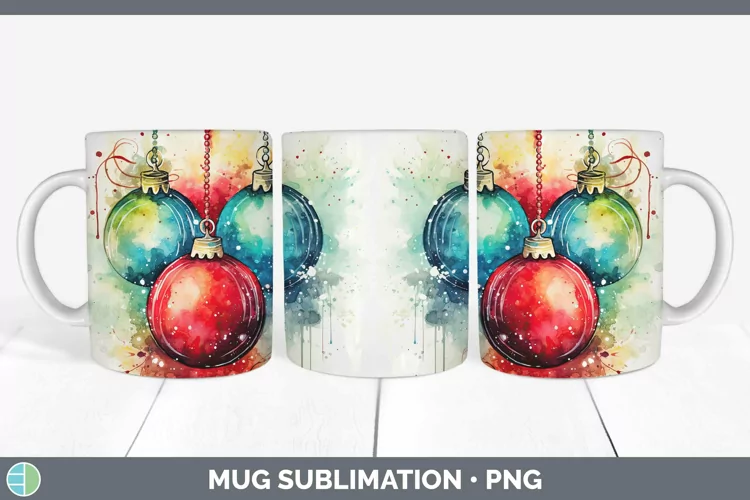 Watercolor Christmas Ornaments Mug Wrap Sublimation Coffee C