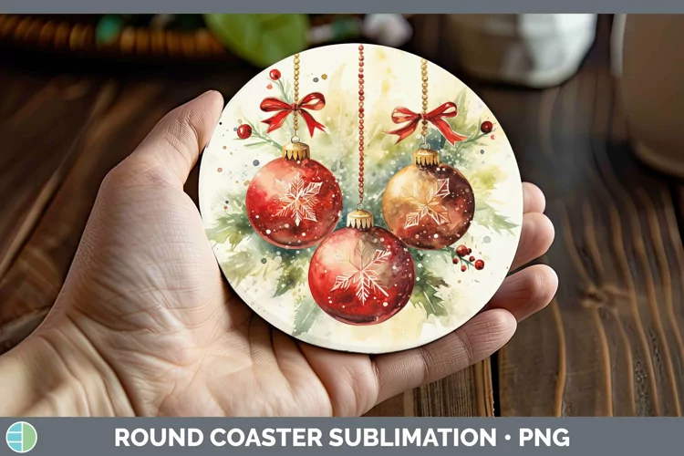 Watercolor Christmas Ornaments Round Coaster Sublimation Coa