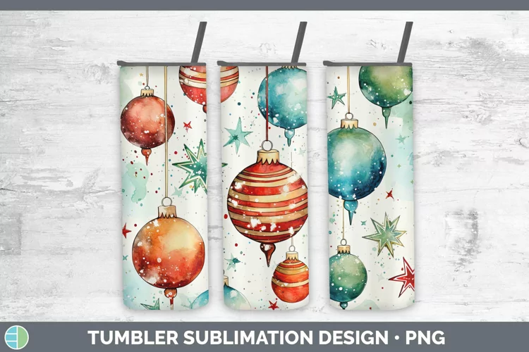Watercolor Christmas Ornaments Tumbler Sublimation 20 oz Ski