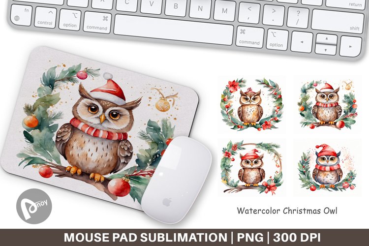 Mouse Pad Watercolor Christmas Owl