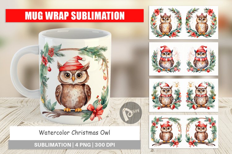 Mug Wrap Design Watercolor Christmas Owl
