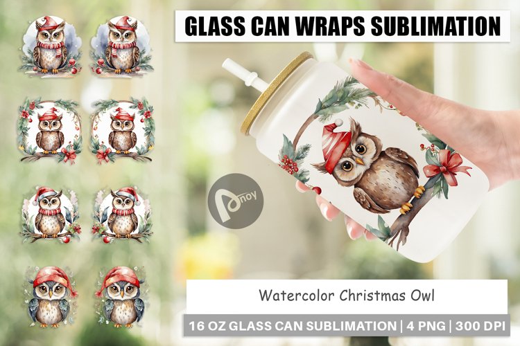 Glass Can Wraps Watercolor Christmas Owl
