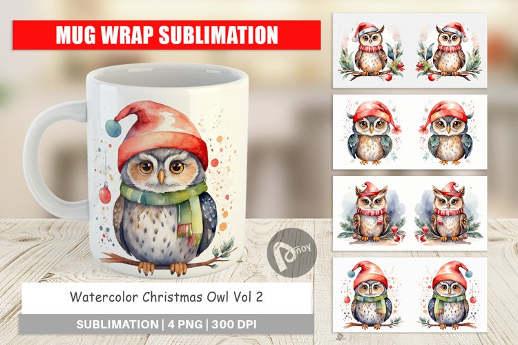 Mug Wrap Design Watercolor Christmas Owl