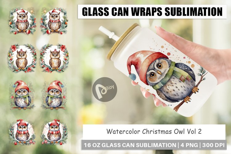 Glass Can Wraps Watercolor Christmas Owl