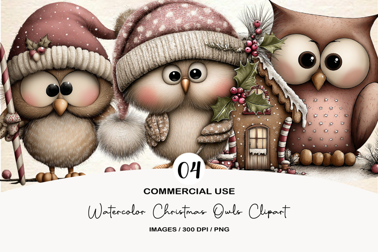 Watercolor Christmas Owls Clipart