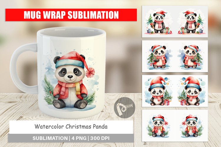 Mug Wrap Design Watercolor Christmas Panda