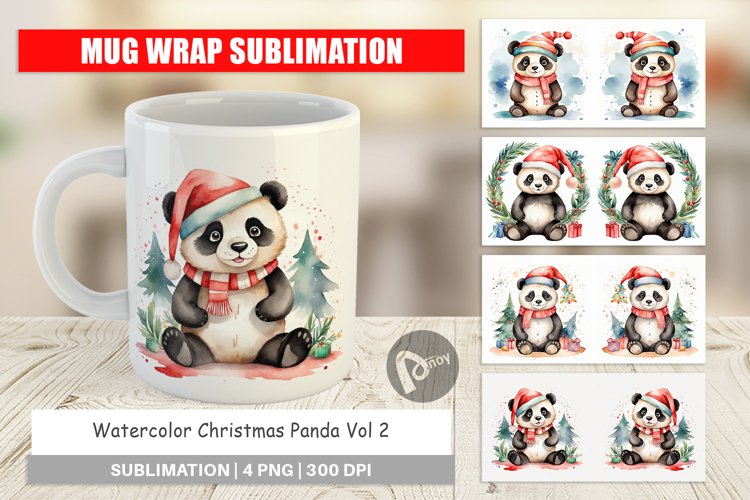 Mug Wrap Design Watercolor Christmas Panda