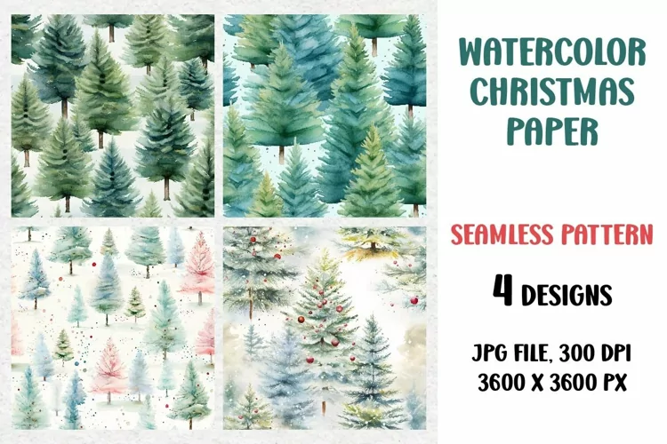 Watercolor Christmas Tree, Digital Paper, Seamless Pattern