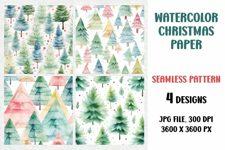Watercolor Christmas Tree, Digital Paper, Seamless Pattern