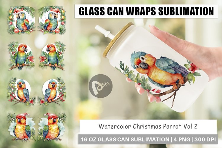 Glass Can Wraps Watercolor Christmas Parrot