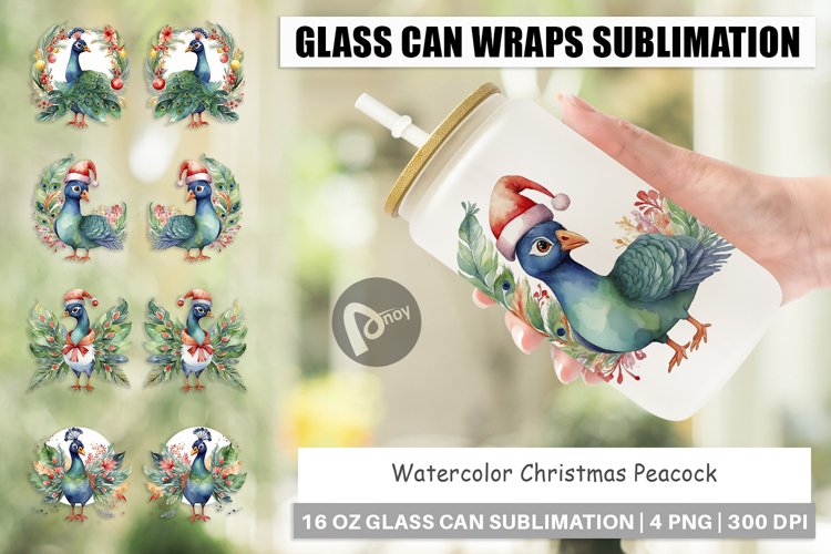 Glass Can Wraps Watercolor Christmas Peacock