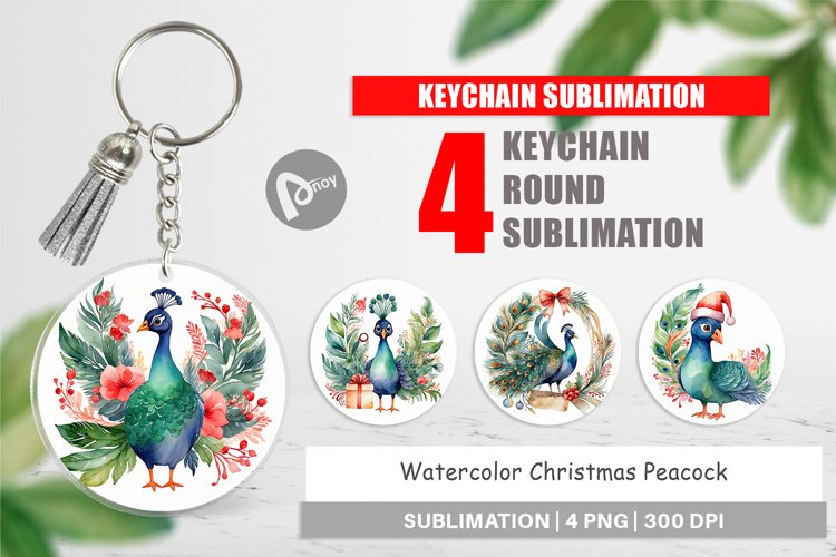 Keychain Watercolor Christmas Peacock