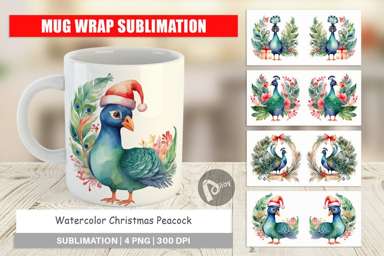 Mug Wrap Design Watercolor Christmas Peacock