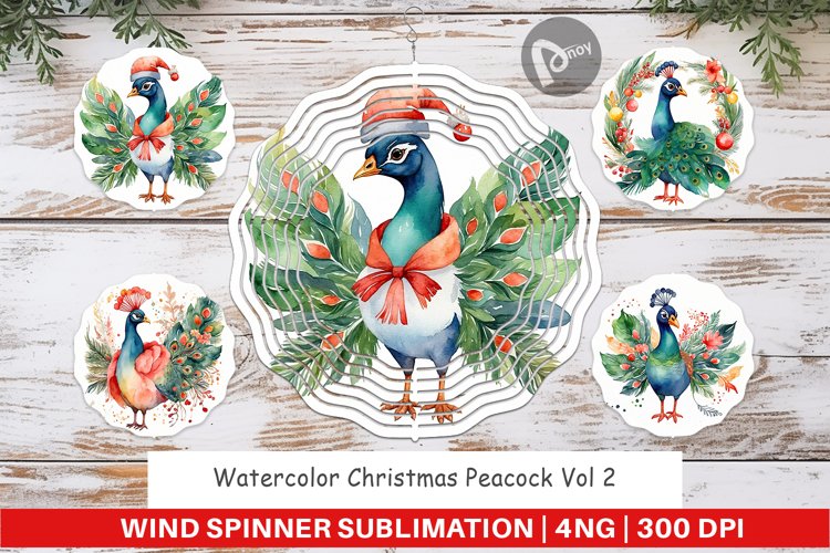 Wind Spinner Watercolor Christmas Peacock