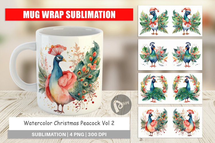 Mug Wrap Design Watercolor Christmas Peacock