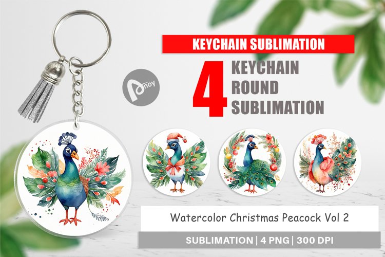 Keychain Watercolor Christmas Peacock