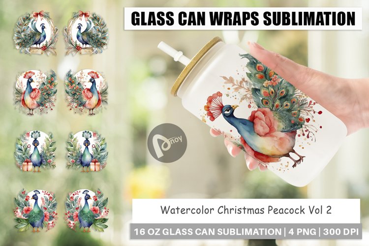 Glass Can Wraps Watercolor Christmas Peacock