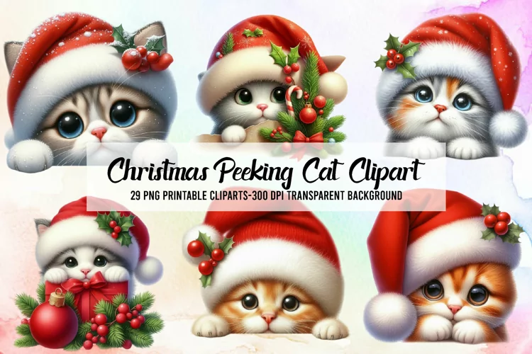 Watercolor Christmas Peeking Cat Clipart