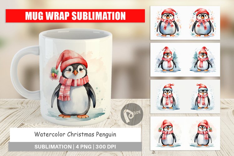 Mug Wrap Design Watercolor Christmas Penguin