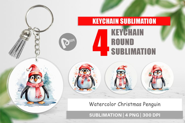 Keychain Watercolor Christmas Penguin
