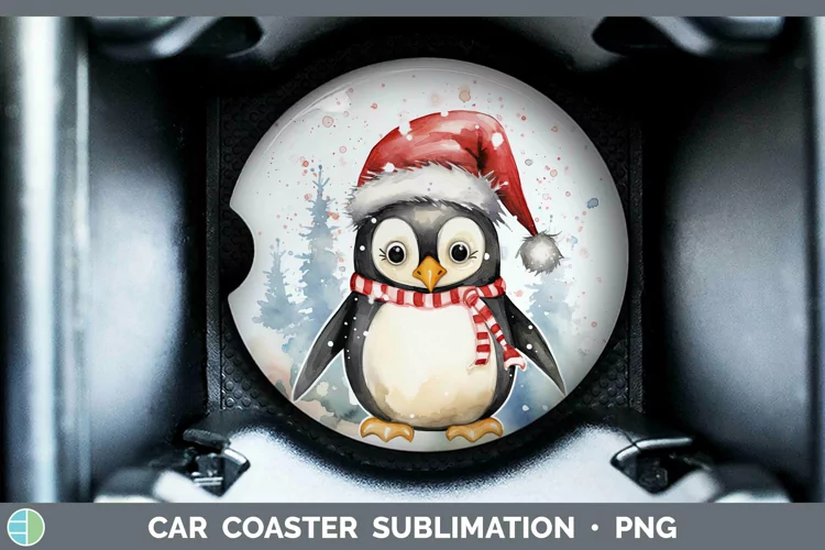 Watercolor Christmas Penguin Car Coaster Sublimation Design