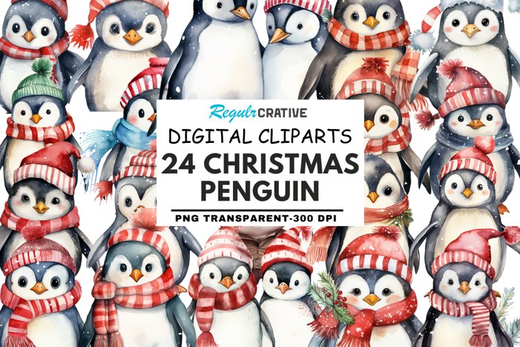 Christmas Penguin Watercolor Sublimation Clipart