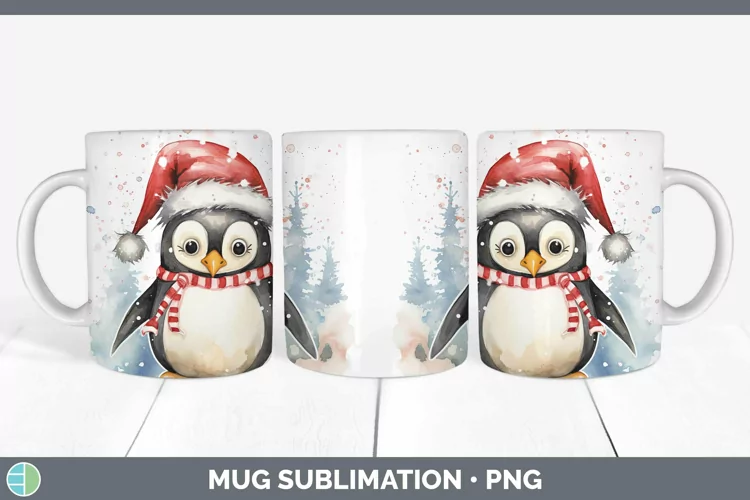 Watercolor Christmas Penguin Mug Wrap Sublimation Coffee Cup