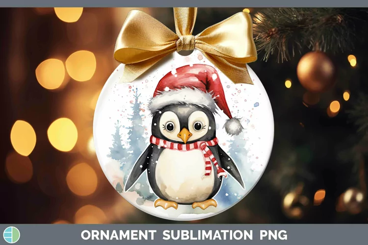 Watercolor Christmas Penguin Ornament Sublimation Bauble Des