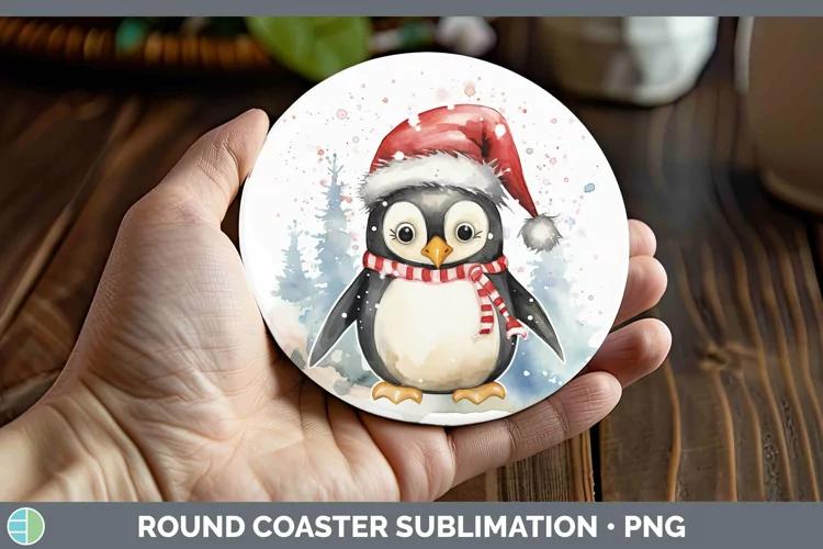 Watercolor Christmas Penguin Round Coaster Sublimation Coast