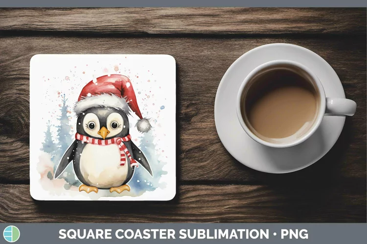 Watercolor Christmas Penguin Square Coaster Sublimation Coas