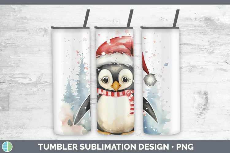 Watercolor Christmas Penguin Tumbler Sublimation 20 oz Skinn