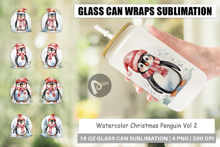Glass Can Wraps Watercolor Christmas Penguin