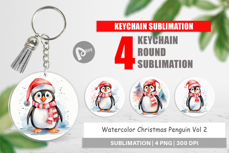 Keychain Watercolor Christmas Penguin