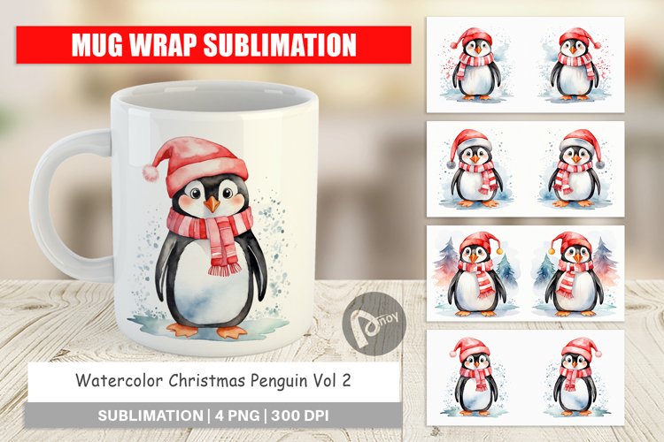 Mug Wrap Design Watercolor Christmas Penguin