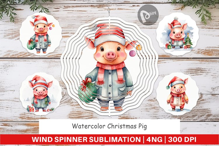 Wind Spinner Watercolor Christmas Pig