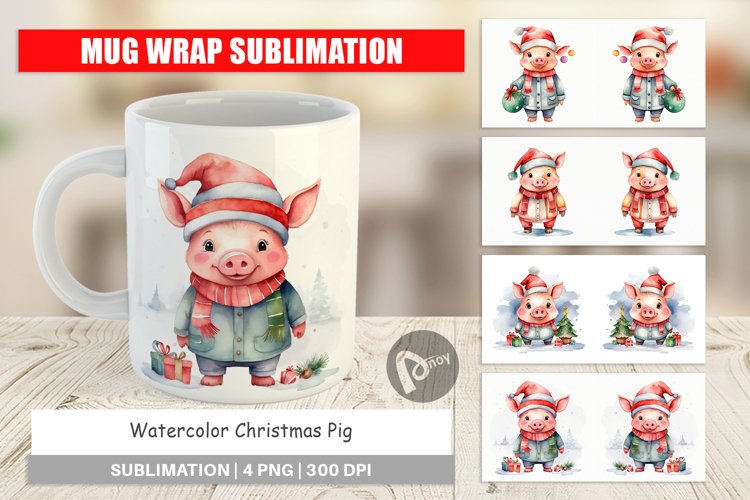 Mug Wrap Design Watercolor Christmas Pig
