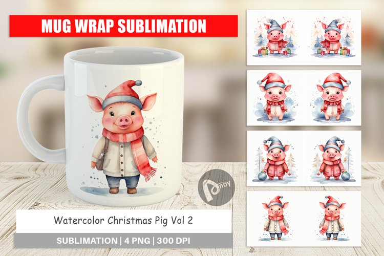 Mug Wrap Design Watercolor Christmas Pig