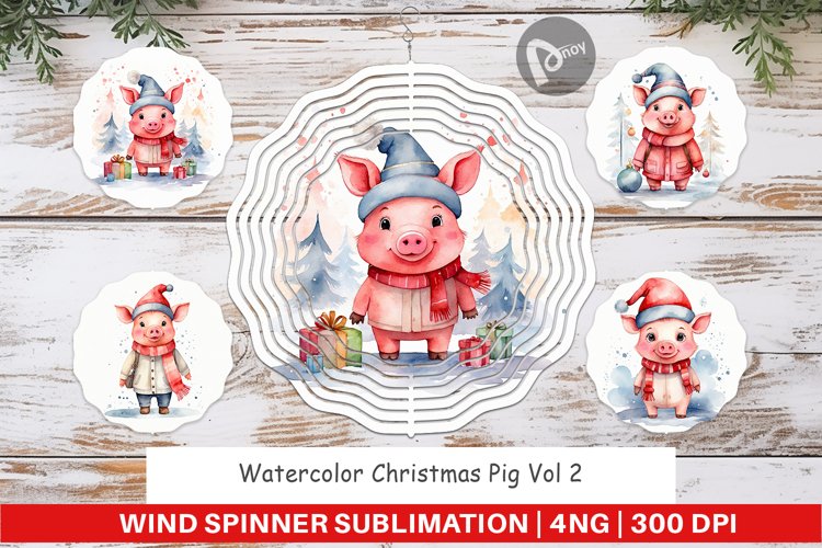 Wind Spinner Watercolor Christmas Pig