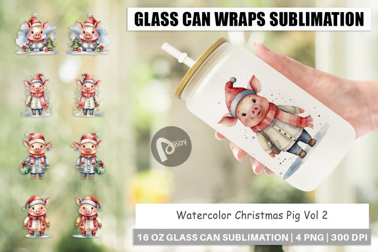 Glass Can Wraps Watercolor Christmas Pig